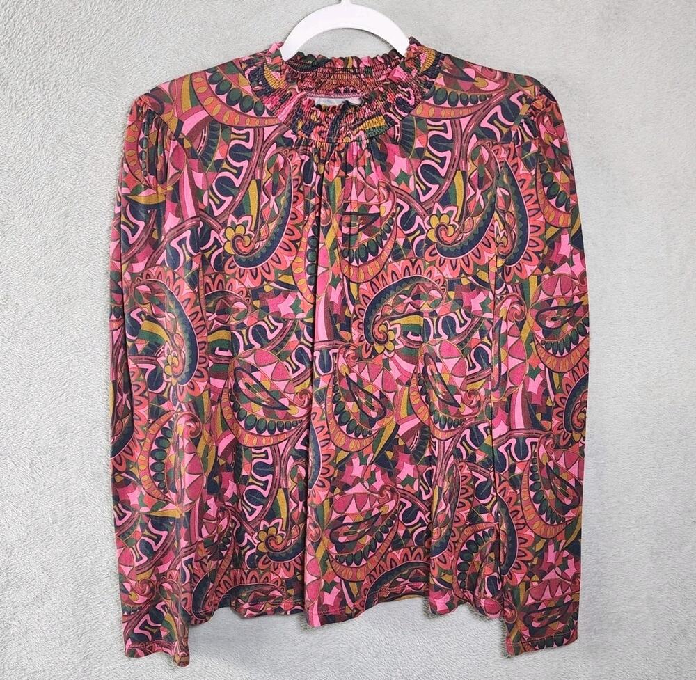 Boden Pink Paisley Print Smocked Neck Long Sleeve Blouse Top Women’s Size 12